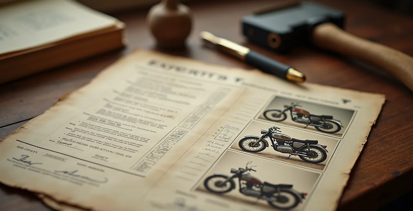 Gros plan sur les documents essentiels - factures de restauration, photos détaillées, certificats d'authenticité - organisés sur une surface en bois noble, avec reflets sur les pièces métalliques