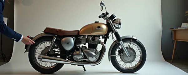 Une moto vintage de collection placée en lumière cinématographique douce, mains d'expert effectuant une inspection détaillée, avec des documents et des croquis d'évaluation en arrière-plan flou