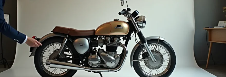 Une moto vintage de collection placée en lumière cinématographique douce, mains d'expert effectuant une inspection détaillée, avec des documents et des croquis d'évaluation en arrière-plan flou