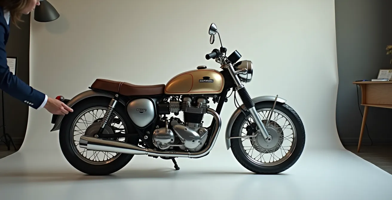 Une moto vintage de collection placée en lumière cinématographique douce, mains d'expert effectuant une inspection détaillée, avec des documents et des croquis d'évaluation en arrière-plan flou